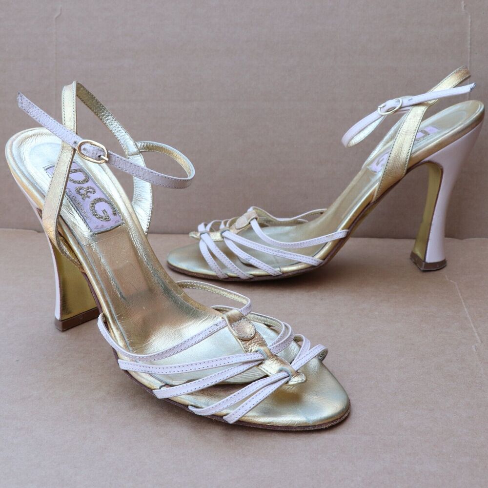 Dolce Gabbana Ankle Strap Heel Sandals Women's Size 6.5 Metallic Gold/Cream - Picture 5 of 10